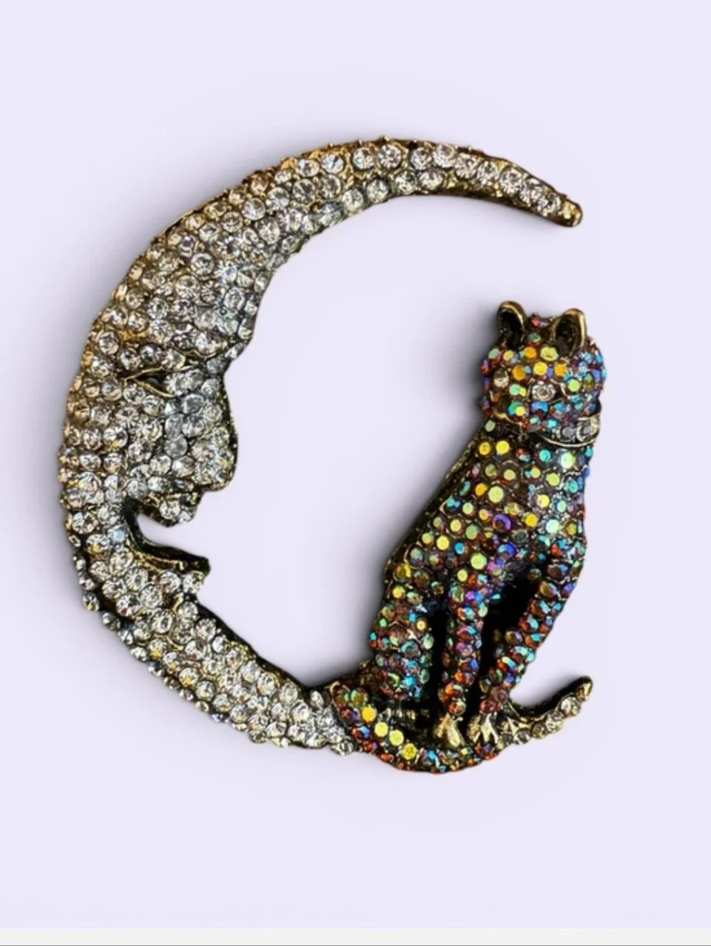 Crystal Moon & Cat Brooch - Multicolor Cat on Silver Crescent,  EUC